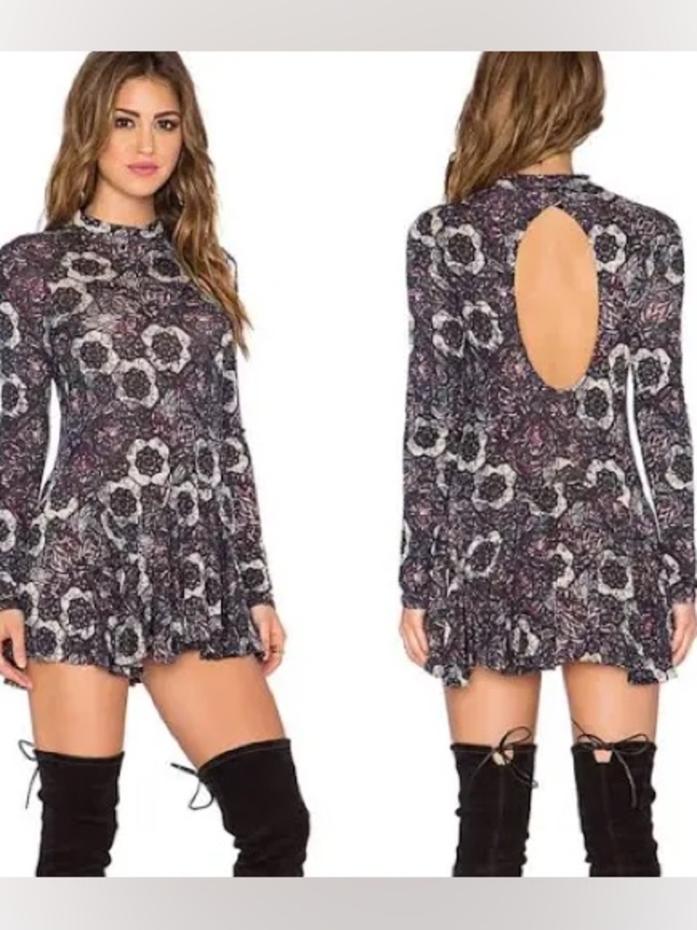 Free People Annabelle jersey long  Sleeve Floral Swing Dress / tunic size small